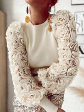 Solid Color Split-Joint Three-Dimensional Flower Long Sleeves Loose Round-Neck T-Shirts Tops