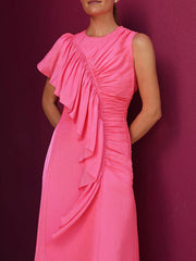 Asymmetric Pleated Solid Color Split-Joint Sleeveless Round-Neck Maxi Dresses