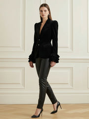 Buttoned Solid Color Split-Joint Elasticated Waist High Waisted Notched Collar Blouses&Shirts Tops Blazer