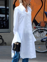 Casual Flared Sleeves Long Sleeves Split-Side Solid Color Lapel Collar Blouses Shirt Dress