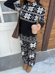 Loose Contrast Color Printed Split-Joint Striped Long Sleeves Half Turtleneck Blouses&Shirts Tops + Wide Leg Pants Two Pieces Set