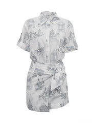 Lapel Loose Buttoned Printed Blouses Tops + Tied Bodycon Skirts bottom Two Pieces Set