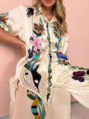 Loose Buttoned Half Sleeves Flower Print Pockets Lapel T-shirt Top + Drawstring Elasticity Pants Bottom Two Pieces Set