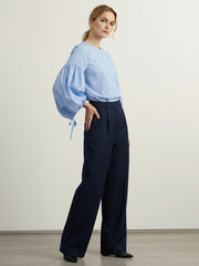 Drawstring Pleated Solid Color Long Sleeves Loose Round-Neck Blouses&Shirts Tops