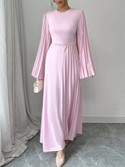 Pleated Solid Color Flared Sleeves Long Sleeves Round-Neck Maxi Dresses