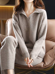 Loose Solid Color Long Sleeves Polo Sweater Top + Pants Bottom Two Pieces Set
