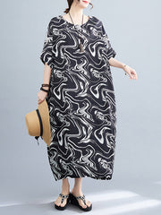 Printed Loose Short Sleeves Round-Neck Midi Dresses