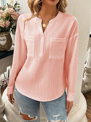 Buttoned Pockets Solid Color Long Sleeves Loose V-Neck Blouses&Shirts Tops