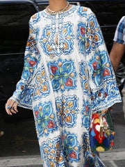 Hollow Printed Split-Side Long Sleeves Loose Round-Neck Maxi Dresses