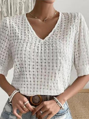 Hollow Solid Color Split-Joint Loose Short Sleeves V-Neck T-Shirts Tops
