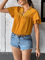 Jacquard Pleated Solid Color Loose Ruffle Sleeves V-Neck Blouses&Shirts Tops