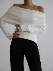 Solid Color Long Sleeves Loose Off-The-Shoulder Sweater Tops Pullovers