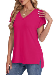 Solid Color Split-Joint Split-Side High-Low Raglan Sleeve V-Neck T-Shirts