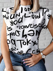 Casual Cap Sleeve Loose Letter Print High-Neck T-Shirts Tops