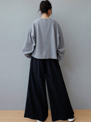 Buttoned Pleated Pockets Solid Color Loose Wide Leg Suit Pants