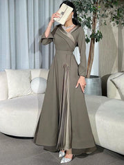 Pleated Solid Color Split-Joint A-Line Wrap V-Neck Maxi Dresses