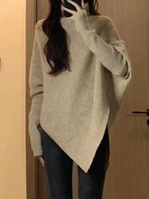 Asymmetric Solid Color Velvet Long Sleeves Loose High Neck Sweater Tops Pullovers Knitwear