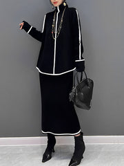 Contrast Color Long Sleeves Loose High Neck Sweater Tops