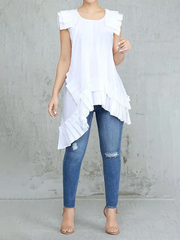 Asymmetric Pleated Solid Color Split-Joint Flying Sleeves Irregular Clipping Round-Neck Vest Top