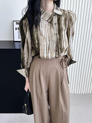 Asymmetric Gradient Pleated Printed Loose Puff Sleeves Lapel Blouses