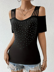 Hollow Rhine Stones Split-Joint Short Sleeves Cold Shoulder T-Shirts Tops