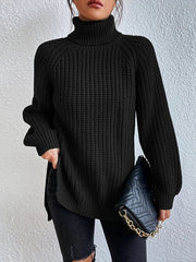 Solid Color Split-side Long Sleeves Loose High Neck Sweater Tops Pullovers