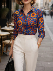 Buttoned Flower Print Long Sleeves Lapel Blouses&Shirts Tops