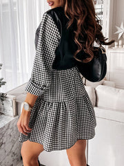 Contrast Color Plaid Pleated Split-Joint Long Sleeves Loose Lapel Mini Dresses