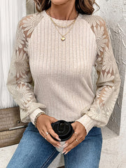 See-Through Split-Joint Long Sleeves Loose Round-Neck T-Shirts Tops