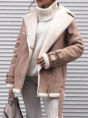 Buckle Keep Warm Pockets Split-Joint Velvet Zipper Long Sleeves Loose Notched Collar Outerwear