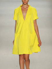 Loose Short Sleeves Pockets Solid Color Notched Collar Mini Dresses