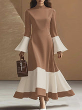 Contrast Color Pleated Split-Joint Flared Sleeves High Waisted Mock Neck Maxi Dresses