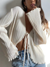 Lace-Up Pleated Solid Color Split-Joint Long Sleeves Loose Deep V-Neck Blouses&Shirts Tops