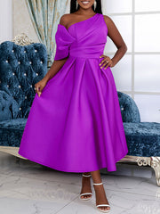 Hollow Pleated Solid Color Zipper Wrap One-Shoulder Midi Dresses