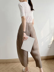Elasticity Pleated Solid Color Split-Joint Harem Pants High Waisted Trousers Pants Ninth Pants