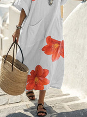 Half Sleeves Loose Flower Print V-Neck Midi Dresses