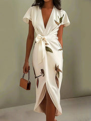 Raglan Sleeve Asymmetric Pleated Printed Split-Joint V-Neck Midi Dresses