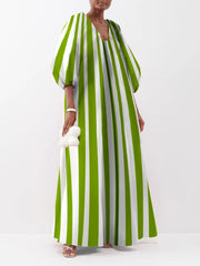 Striped Puff Sleeves Three-Quarter Sleeves V-Neck Maxi Dresses