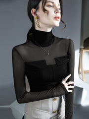 See-Through Solid Color Split-Joint Long Sleeves Skinny High Neck Blouses&Shirts Tops