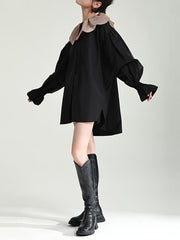 Contrast Color Elasticity Pleated Split-Joint Long Sleeves Loose Peter Pan Collar Blouses