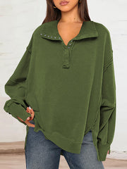 Buttoned Solid Color Split-Front Long Sleeves Loose Lapel Sweatshirt Tops