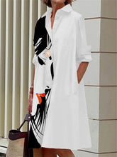 Long Sleeves Loose Buttoned Figure Printed Lapel Collar Midi Dresses