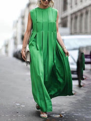 Pleated Solid Color Split-Joint A-Line Loose Round-Neck Maxi Dresses
