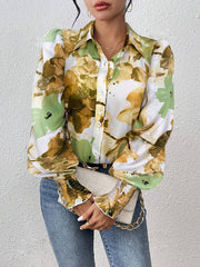 Buttoned Elasticity Flower Print Pleated Long Sleeves Loose Lapel Blouses&Shirts Tops