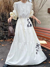 Buttoned Embroidered Pleated Pockets Split-Joint Tied Waist High Waisted Long Sleeves Round-Neck Maxi Dresses