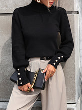 Beaded Split-Joint Long Sleeves Loose High-neck Sweater Tops Pullovers Knitwear