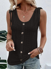 Buttoned Hollow Pleated Split-Joint Tied Loose Plus Size U-neck Vest Top