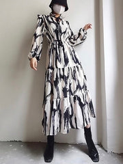 Elasticity Hollow Printed Split-Joint Tied Long Sleeves Loose Mock Neck Midi Dresses
