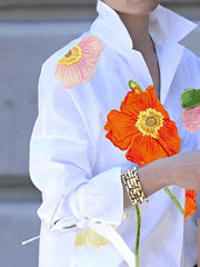 Flower Print Split-Joint Tied Flared Sleeves Long Sleeves Stand Collar Blouses&Shirts Tops