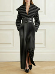 Belted Contrast Color Split-Front Split-Joint Striped Bodycon Elasticated Waist Deep V-Neck Maxi Dresses Blazer